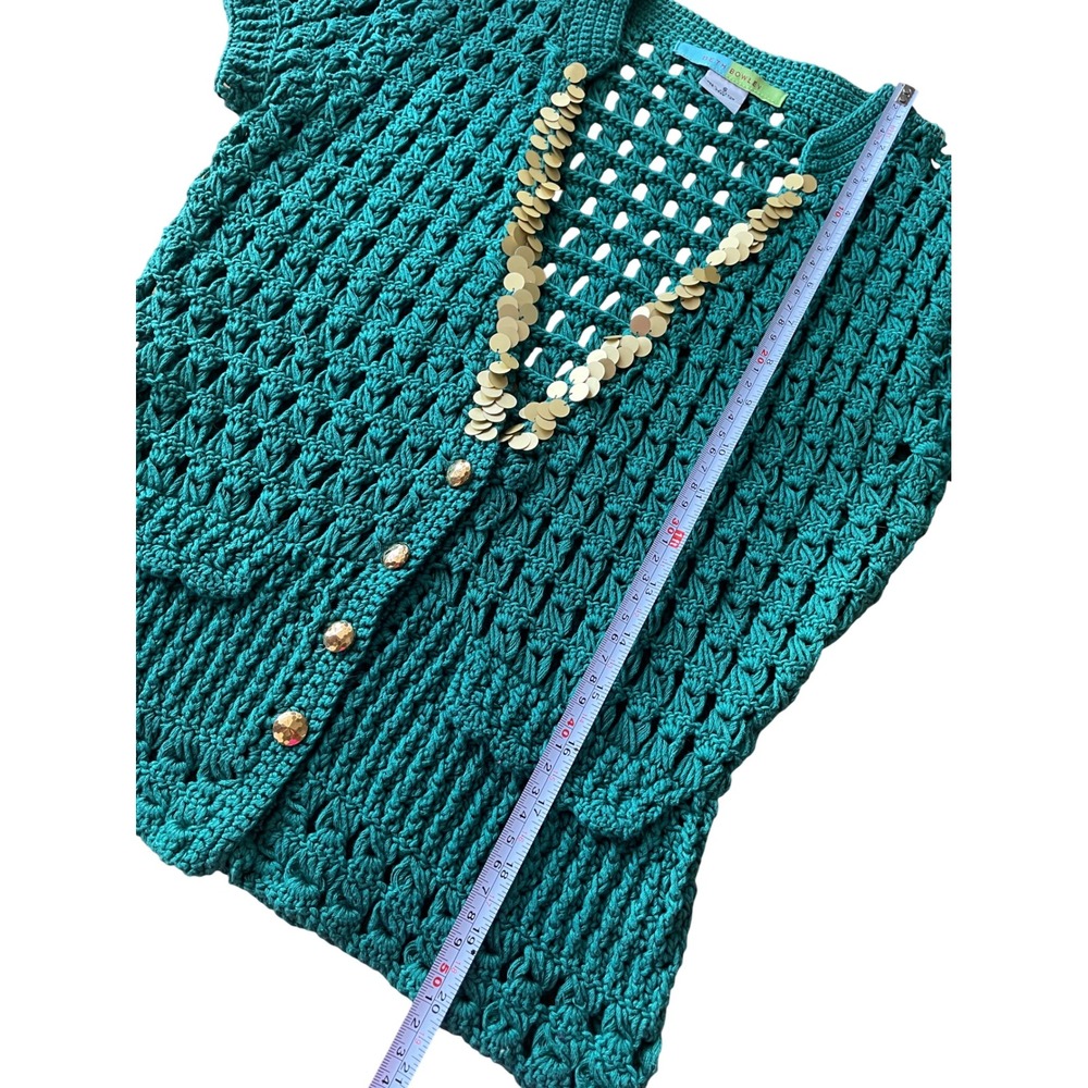 Beth Bowley Crochet Sequin Teal Cardigan Women's Small 100% Cotton Romantic - Picture 9 of 10